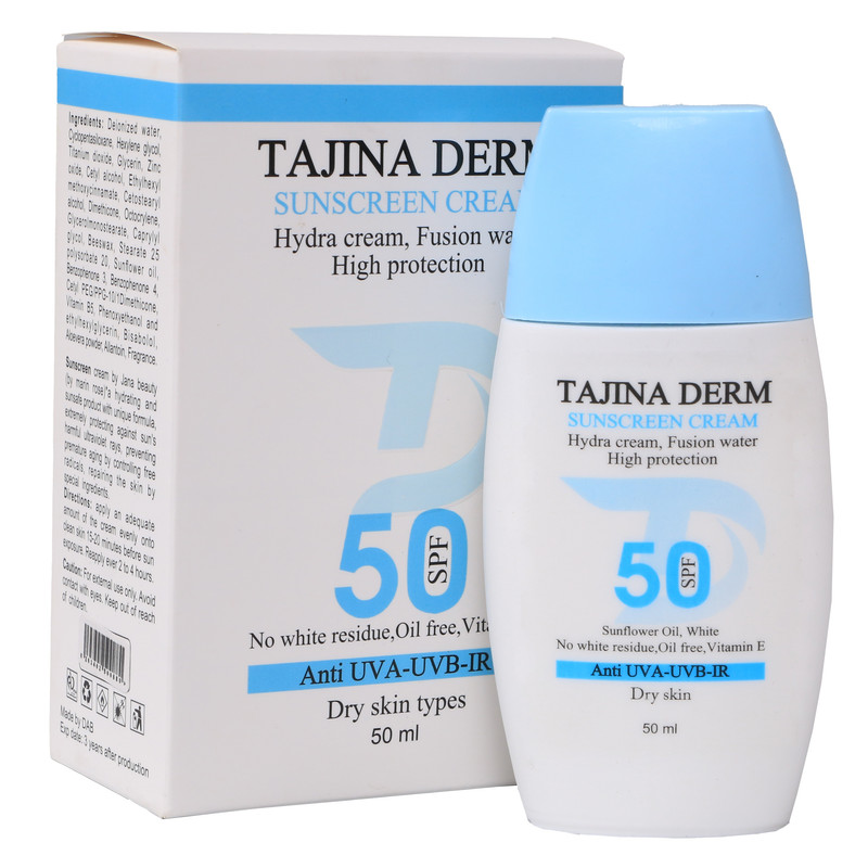 کرم ضد آفتاب بی‌رنگ تاجینادرم SPF 50 مدل Dry ‌مناسب برای پوست خشک محافظ UVA/UVB حجم 50 میلی‌لیتر