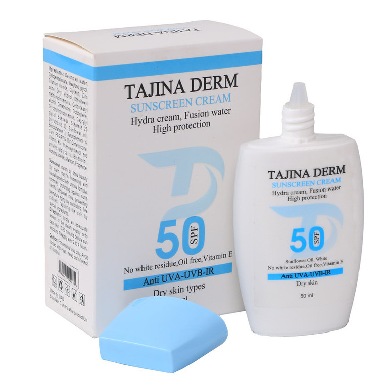 کرم ضد آفتاب بیرنگ تاجینادرم SPF 50 مدل Dry مناسب برای پوست خشک محافظ UVA/UVB حجم 50 میلیلیتر