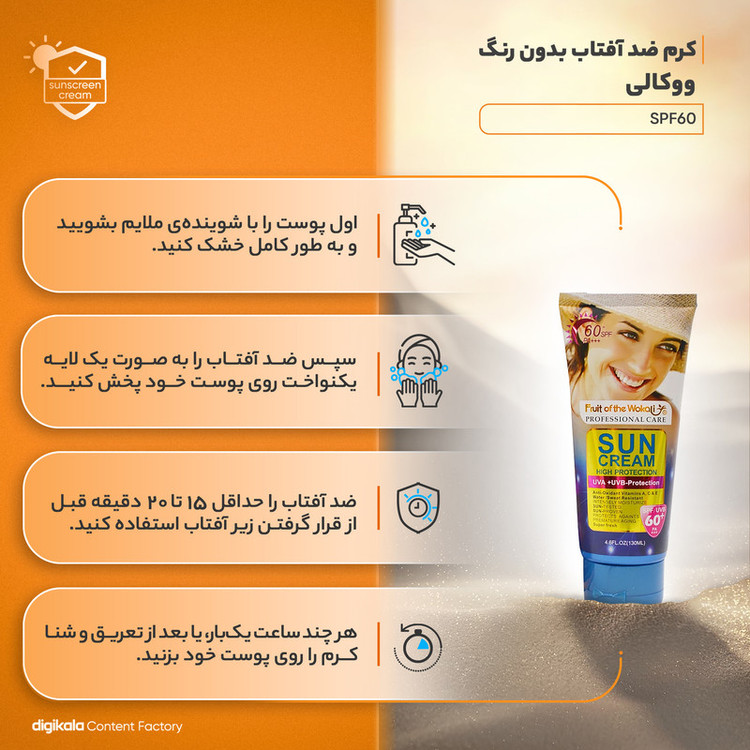 لوسیون ضدآفتاب بیرنگ ووکالی مدل SPF60 مناسب انواع پوست، حجم 130 میلیلیتر
