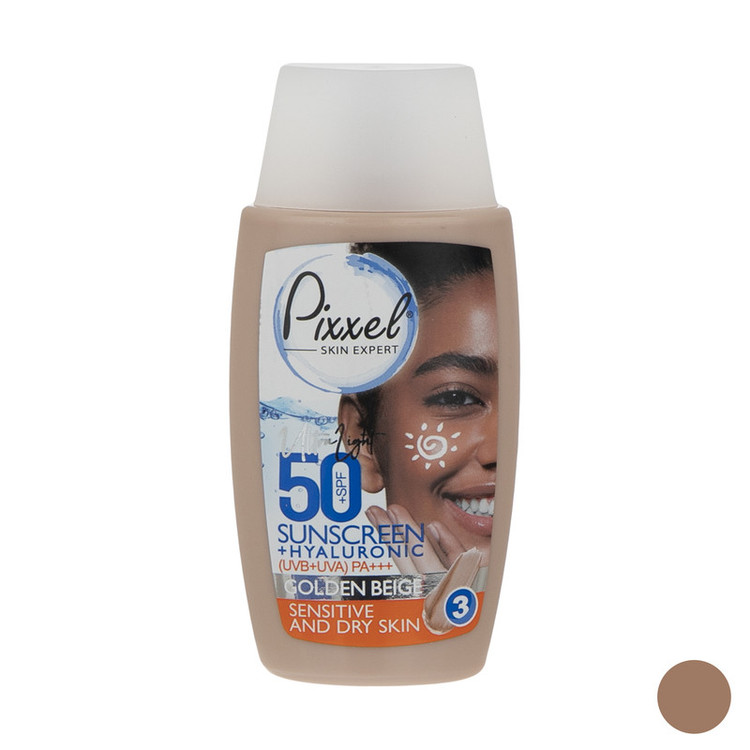 کرم ضد آفتاب رنگی پیکسل، 50 SPF، مدل GOLDEN BEIGE، مناسب پوست نرمال، خشک و حساس تنالیته رنگ تیره و حجم 50 میلیلیتر، محافظت کننده در برابر اشعه UVA و UVB، ضد حساسیت، +++ PA، آبرسان، با ماندگاری 2 ساعته