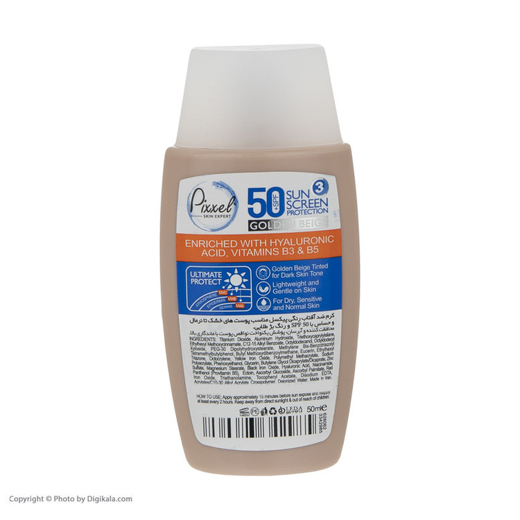 کرم ضد آفتاب رنگی پیکسل، 50 SPF، مدل GOLDEN BEIGE، مناسب پوست نرمال، خشک و حساس تنالیته رنگ تیره و حجم 50 میلیلیتر، محافظت کننده در برابر اشعه UVA و UVB، ضد حساسیت، +++ PA، آبرسان، با ماندگاری 2 ساعته