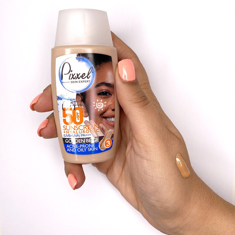 کرم ضد آفتاب رنگی پیکسل، 50 SPF، مدل GOLDEN BEIGE، مناسب پوست نرمال، خشک و حساس تنالیته رنگ تیره و حجم 50 میلیلیتر، محافظت کننده در برابر اشعه UVA و UVB، ضد حساسیت، +++ PA، آبرسان، با ماندگاری 2 ساعته