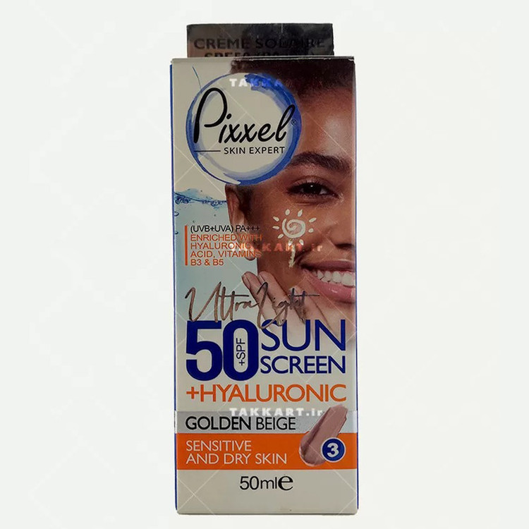 کرم ضد آفتاب رنگی پیکسل، 50 SPF، مدل GOLDEN BEIGE، مناسب پوست نرمال، خشک و حساس تنالیته رنگ تیره و حجم 50 میلیلیتر، محافظت کننده در برابر اشعه UVA و UVB، ضد حساسیت، +++ PA، آبرسان، با ماندگاری 2 ساعته