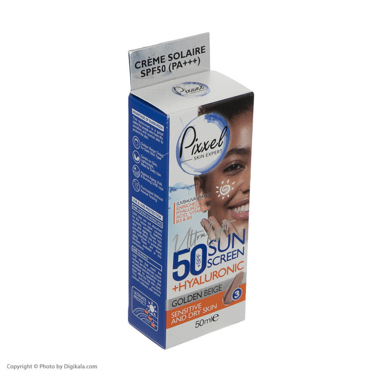 کرم ضد آفتاب رنگی پیکسل، 50 SPF، مدل GOLDEN BEIGE، مناسب پوست نرمال، خشک و حساس تنالیته رنگ تیره و حجم 50 میلیلیتر، محافظت کننده در برابر اشعه UVA و UVB، ضد حساسیت، +++ PA، آبرسان، با ماندگاری 2 ساعته