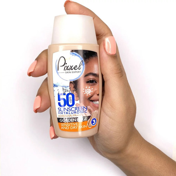 کرم ضد آفتاب رنگی پیکسل، 50 SPF، مدل GOLDEN BEIGE، مناسب پوست نرمال، خشک و حساس تنالیته رنگ تیره و حجم 50 میلیلیتر، محافظت کننده در برابر اشعه UVA و UVB، ضد حساسیت، +++ PA، آبرسان، با ماندگاری 2 ساعته