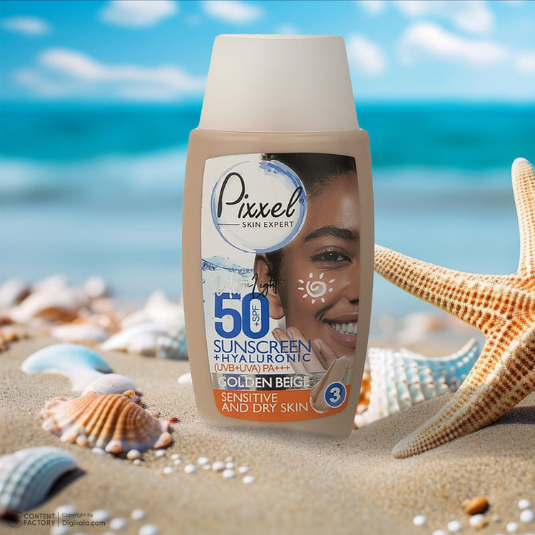 کرم ضد آفتاب رنگی پیکسل، 50 SPF، مدل GOLDEN BEIGE، مناسب پوست نرمال، خشک و حساس تنالیته رنگ تیره و حجم 50 میلیلیتر، محافظت کننده در برابر اشعه UVA و UVB، ضد حساسیت، +++ PA، آبرسان، با ماندگاری 2 ساعته