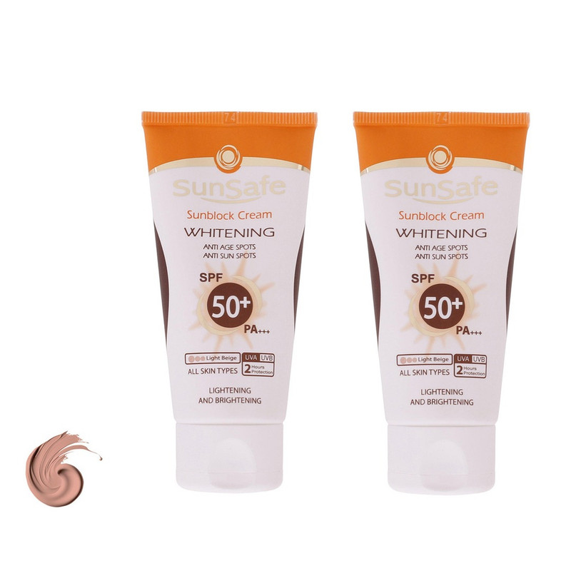 کرم ضد آفتاب رنگی دست و صورت سان سیف SPF 50 مدل روشن کننده و ضد لک ‌محافظ UVA ،UVB، مناسب برای انواع پوست حجم 50 میلی‌لیتر بسته ۲ عددی