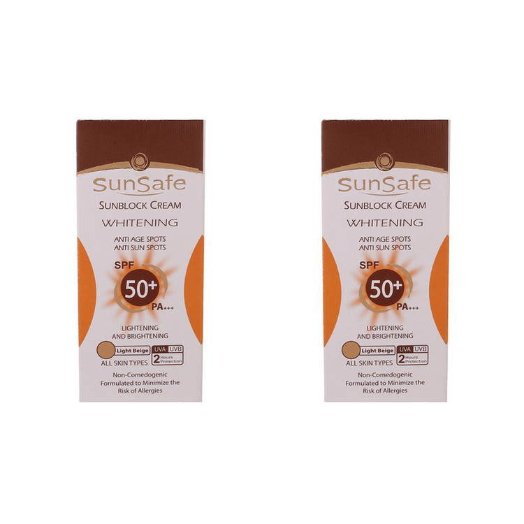 کرم ضد آفتاب رنگی دست و صورت سان سیف SPF 50 مدل روشن کننده و ضد لک محافظ UVA ،UVB، مناسب برای انواع پوست حجم 50 میلیلیتر بسته ۲ عددی