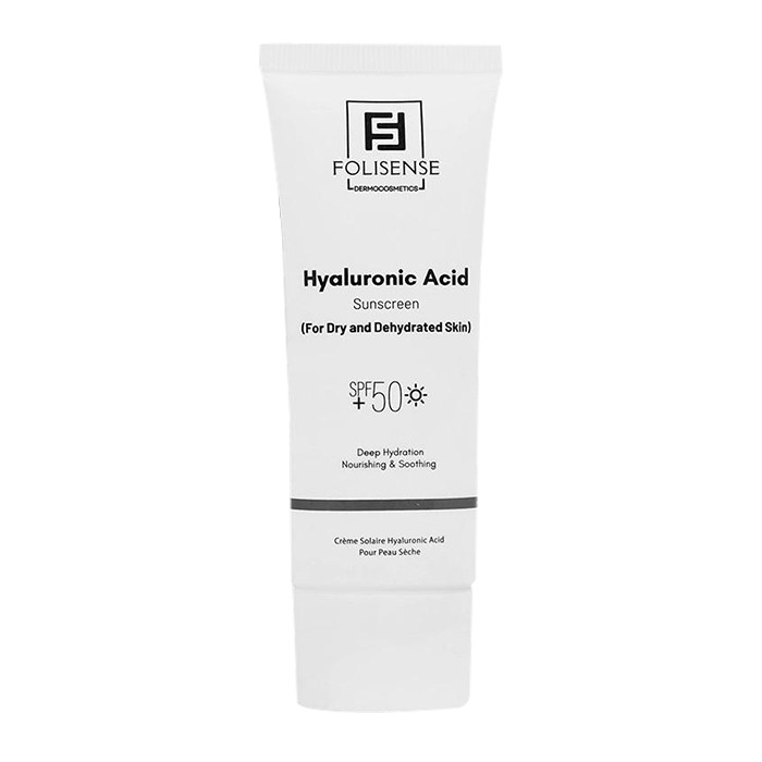 کرم ضد آفتاب بی‌رنگ صورت فولیسنس SPF 50 مدل هیالورونیک اسید محافظ در برابر UVA،UVB ‌مناسب برای پوست خشک و حساس حجم 40 میلی‌لیتر