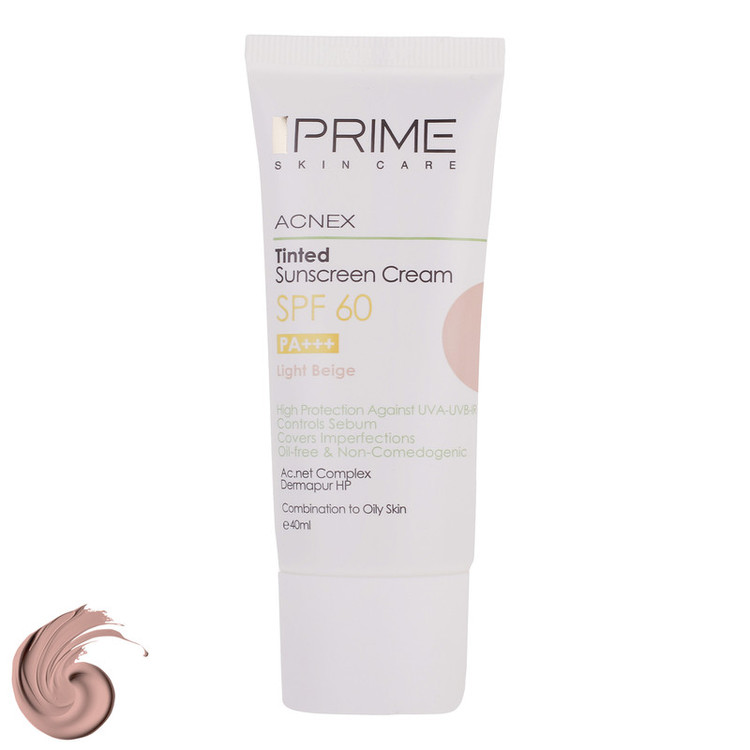 کرم ضدآفتاب رنگی پرایم SPF60 مدل Acnex، مناسب پوستهای چرب، حجم 40 میلیلیتر