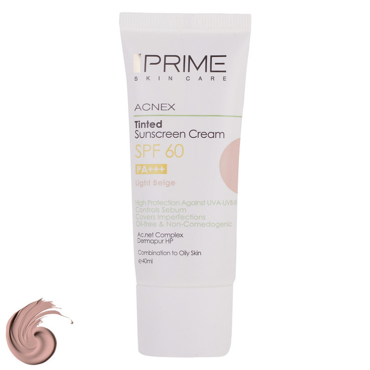 کرم ضدآفتاب رنگی پرایم SPF60 مدل Acnex، مناسب پوستهای چرب، حجم 40 میلیلیتر