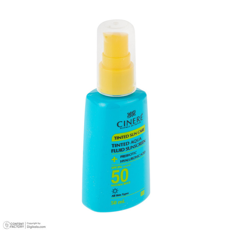فلوئید ضد آفتاب رنگی بژ طبیعی صورت سینره SPF 50 مدل AQUA محافظ UVA ،UVB و ++++PA مناسب برای انواع پوست حجم 50 میلیلیتر