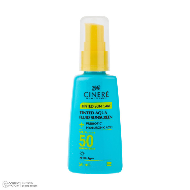 فلوئید ضد آفتاب رنگی بژ طبیعی صورت سینره SPF 50 مدل AQUA محافظ UVA ،UVB و ++++PA مناسب برای انواع پوست حجم 50 میلیلیتر