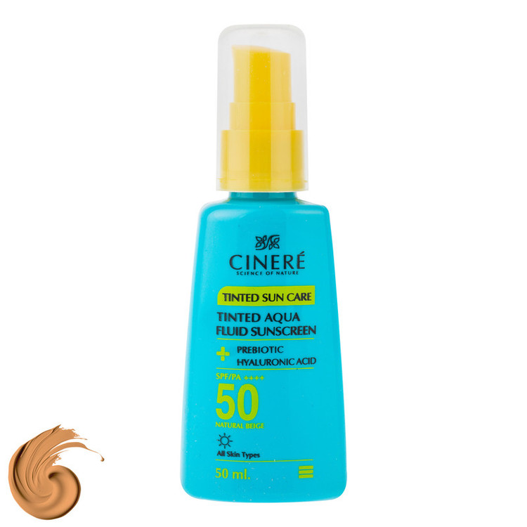 فلوئید ضد آفتاب رنگی بژ طبیعی صورت سینره SPF 50 مدل AQUA محافظ UVA ،UVB و ++++PA مناسب برای انواع پوست حجم 50 میلیلیتر