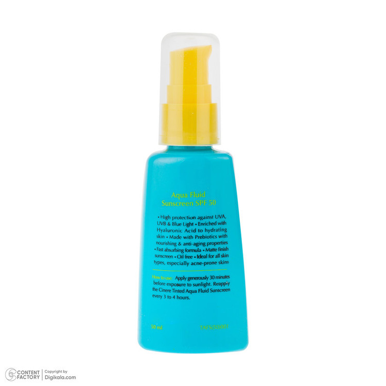 فلوئید ضد آفتاب رنگی بژ طبیعی صورت سینره SPF 50 مدل AQUA محافظ UVA ،UVB و ++++PA مناسب برای انواع پوست حجم 50 میلیلیتر