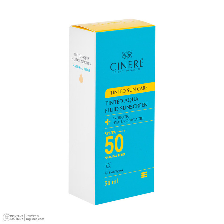 فلوئید ضد آفتاب رنگی بژ طبیعی صورت سینره SPF 50 مدل AQUA محافظ UVA ،UVB و ++++PA مناسب برای انواع پوست حجم 50 میلیلیتر