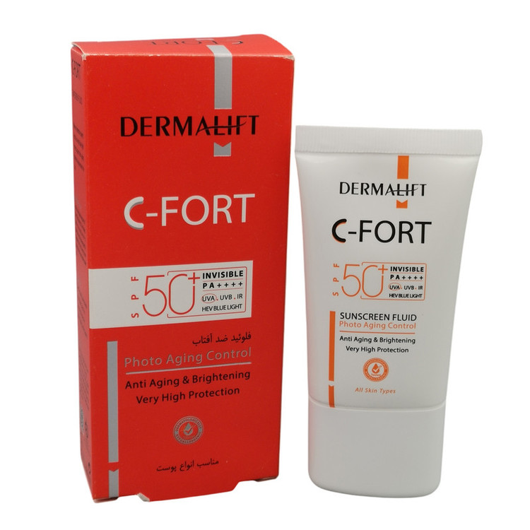 فلوئید ضد آفتاب بی رنگ درمالیفت SPF 50 مدل C-Fort محافظ UVA ،UVB و PA++++، حاوی ویتامین C، ضد پیری، مناسب انواع پوست حجم 40 میلیلیتر