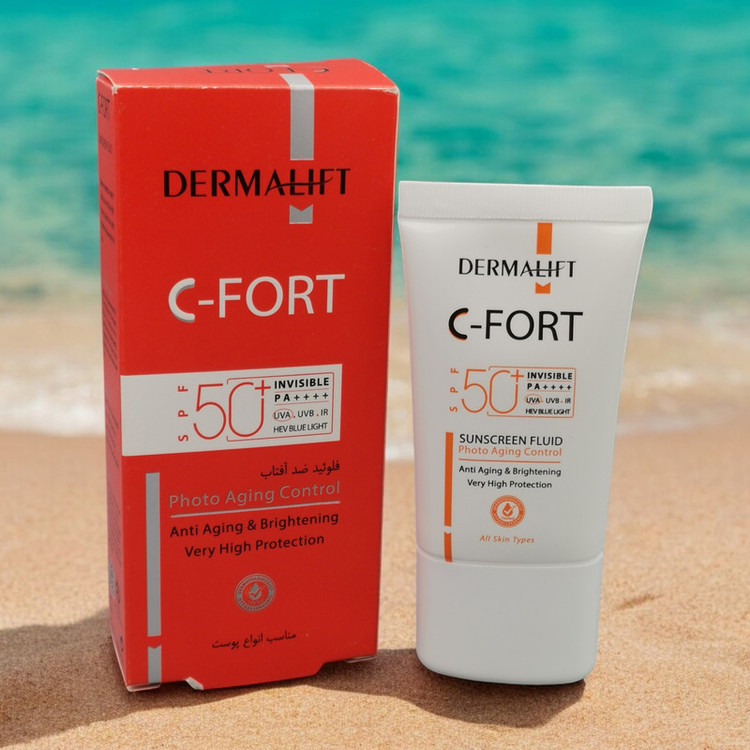 فلوئید ضد آفتاب بی رنگ درمالیفت SPF 50 مدل C-Fort محافظ UVA ،UVB و PA++++، حاوی ویتامین C، ضد پیری، مناسب انواع پوست حجم 40 میلیلیتر