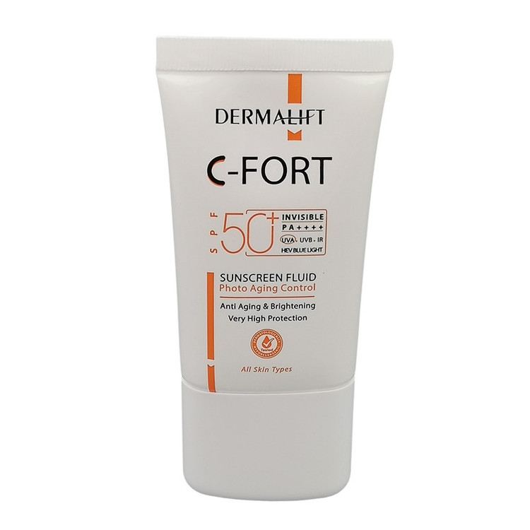 فلوئید ضد آفتاب بی رنگ درمالیفت SPF 50 مدل C-Fort محافظ UVA ،UVB و PA++++، حاوی ویتامین C، ضد پیری، مناسب انواع پوست حجم 40 میلیلیتر