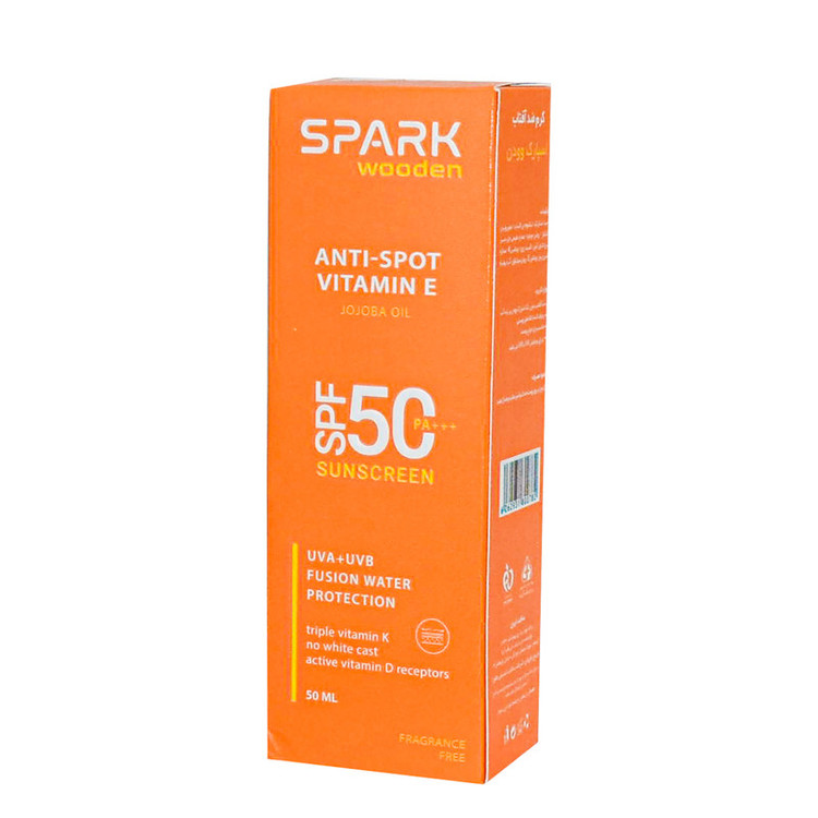 کرم ضد آفتاب بیرنگ دست و صورت و بدن اسپارک وودن SPF 50 مدل ویتامین E مناسب برای انواع پوست حجم 50 میلیلیتر