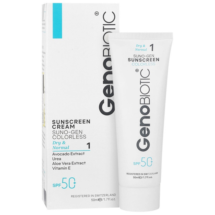 کرم ضد آفتاب بیرنگ دست و صورت ژنوبایوتیک SPF 50 مدل SUNO-GEN-D محافظ UVA ،UVB، مناسب برای پوست های خشک و معمولی حجم 50 میلیلیتر