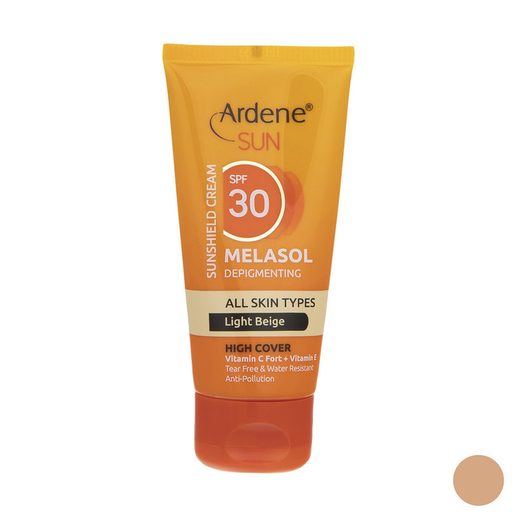 کرم ضد آفتاب رنگی آردن سان، SPF 30، مدل Light Beige، مناسب انواع پوست با تنالیته روشن و حجم 50 میلیلیتر، ضد آب، محافظتکننده در برابر اشعههای UVA و UVB، ضد لک، دارای فرمولاسیون ویتامینهای C و E، با ماندگاری 2 ساعته