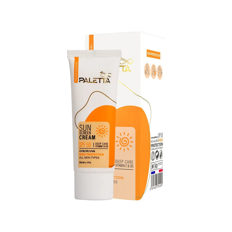 کرم ضد آفتاب بدون رنگ پالتا +SPF 50 مدل High protection محافظ UVA،UVB مناسب انواع پوست حجم 50 میلیلیتر