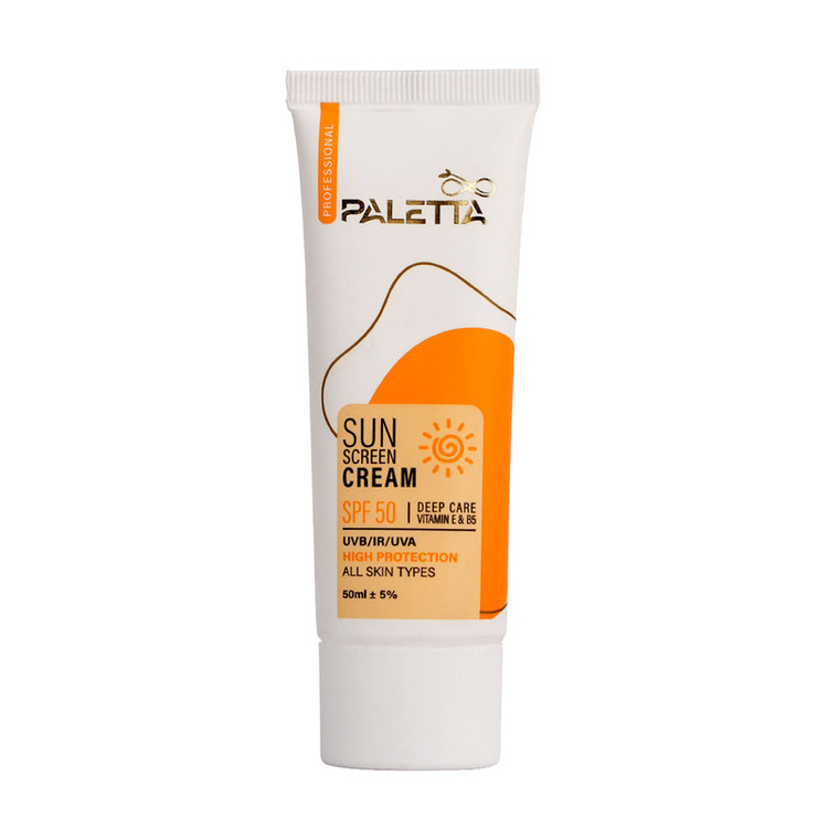 کرم ضد آفتاب بدون رنگ پالتا +SPF 50 مدل High protection محافظ UVA،UVB مناسب انواع پوست حجم 50 میلیلیتر