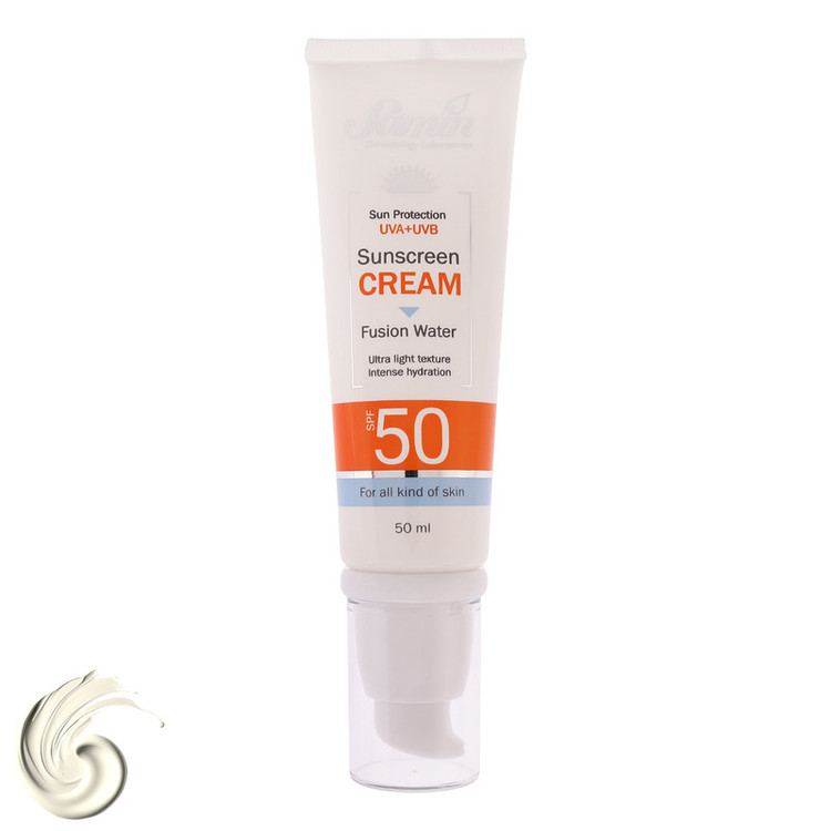 کرم ضد آفتاب بیرنگ دست و صورت ثمین SPF 50 مدل Fusion Water محافظ UVA ، UVB مناسب برای انواع پوست حجم 50 میلی لیتر
