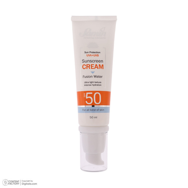 کرم ضد آفتاب بیرنگ دست و صورت ثمین SPF 50 مدل Fusion Water محافظ UVA ، UVB مناسب برای انواع پوست حجم 50 میلی لیتر