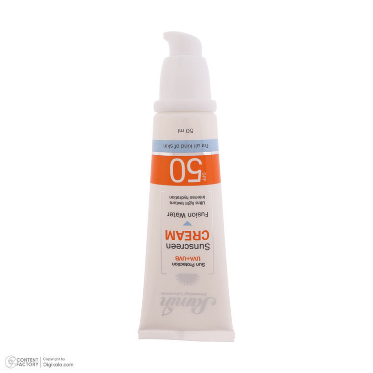 کرم ضد آفتاب بیرنگ دست و صورت ثمین SPF 50 مدل Fusion Water محافظ UVA ، UVB مناسب برای انواع پوست حجم 50 میلی لیتر