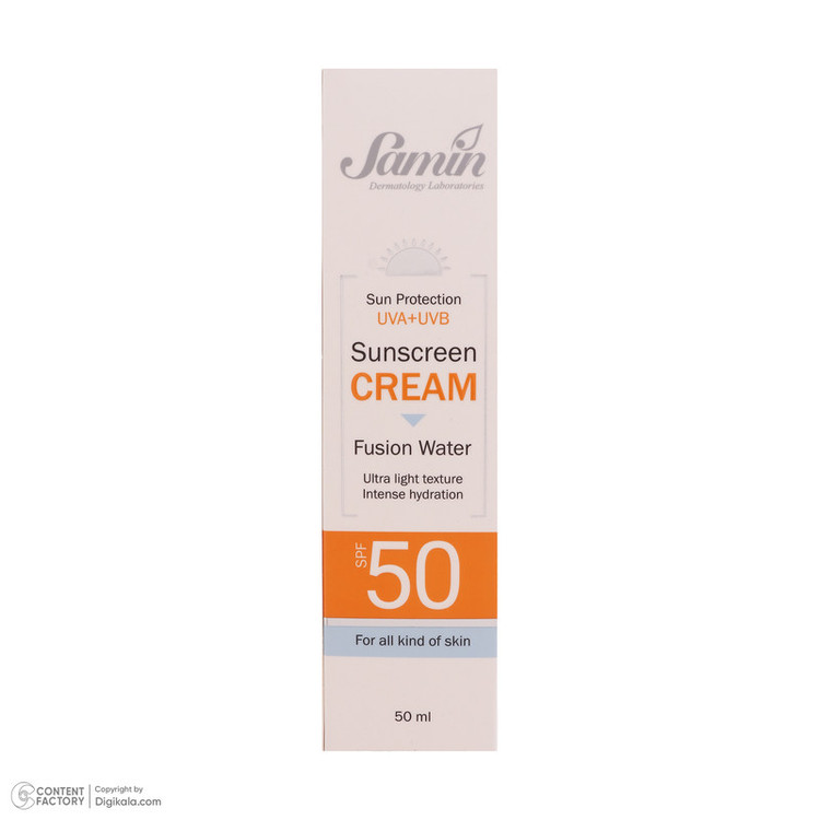 کرم ضد آفتاب بیرنگ دست و صورت ثمین SPF 50 مدل Fusion Water محافظ UVA ، UVB مناسب برای انواع پوست حجم 50 میلی لیتر