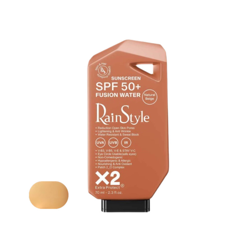 کرم ضدآفتاب رنگی رین استایل، SPF50، مدل فیوژن واتر، مناسب انواع پوست با تنالیته متوسط و حجم 70 میلی‌لیتر، ضد آب، محافظت‌کننده در برابر اشعه‌های UVA و UVB، غیر کومدون‌زا و فاقد پارابن، الکل و چربی، ضد چروک، با ماندگاری 5 ساعته