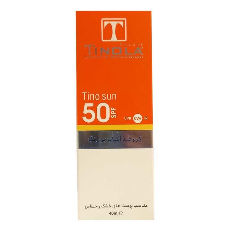 کرم ضد آفتاب بدون رنگ تینولا بیوتی SPF 50 مدل sensitive مناسب پوستهای خشک و حساس حجم 40 میلیلیتر
