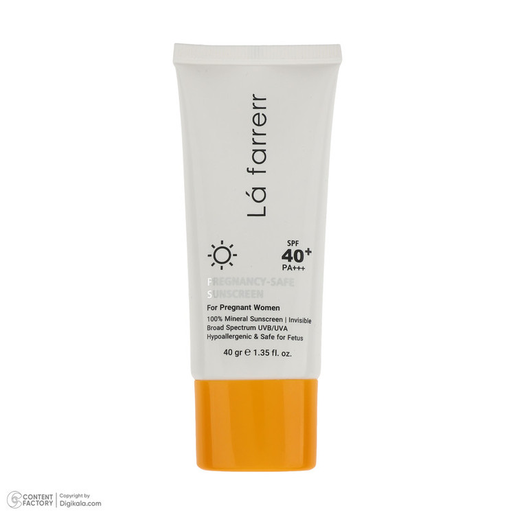 کرم ضد آفتاب بدون رنگ لافارر SPF 40 مدل PREGNANCY SAFE، حاوی محافظ UVA و UVB و PA+++ مناسب پوست بانوان باردار حجم 40 میلیلیتر