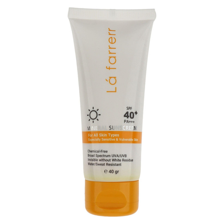 کرم ضد آفتاب بدون رنگ لافارر SPF 40 مدل مینرال حاوی محافظ UVA و UVB و PA+++مناسب پوستهای حساس حجم 40 میلیلیتر