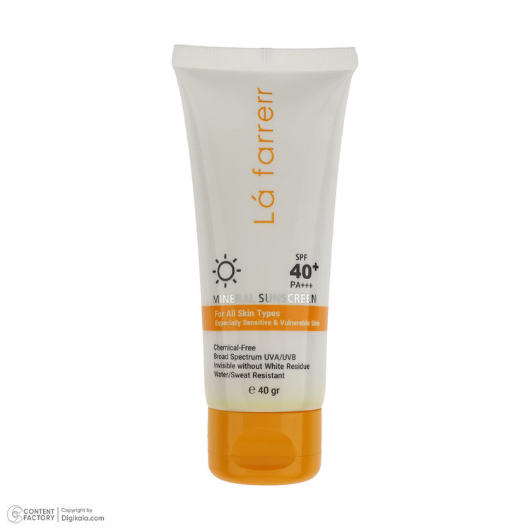 کرم ضد آفتاب بدون رنگ لافارر SPF 40 مدل مینرال حاوی محافظ UVA و UVB و PA+++مناسب پوستهای حساس حجم 40 میلیلیتر