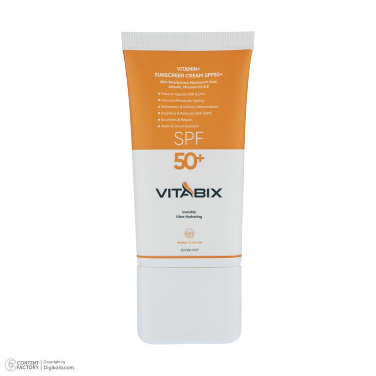 کرم ضد آفتاب بدون رنگ ویتابیکس SPF 50 مدل +Vitamin مناسب پوست خشک حجم 50 میلیلیتر محافظتکننده اشعه UVA و UVB، بدون تست حیوانی، با ماندگاری 2 ساعته