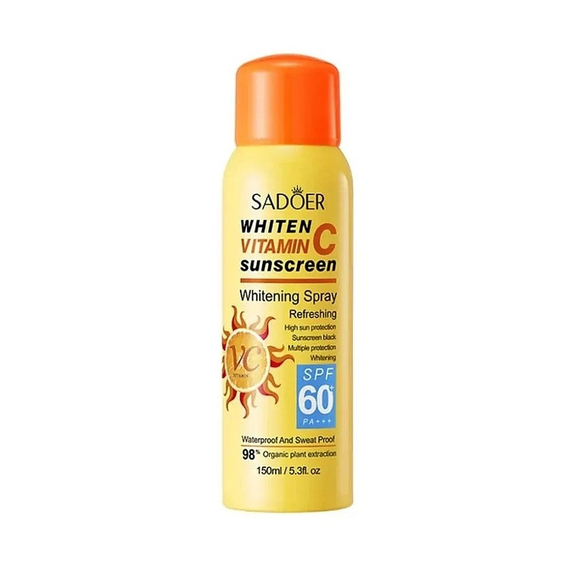 اسپری ضد آفتاب بدون رنگ صورت و بدن سادور spf60 مدل ویتامین سی محافظ UVA،UVB مناسب برای انواع پوست حجم 150 میلی لیتر