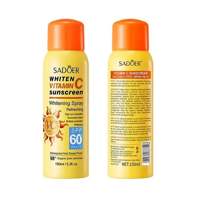 اسپری ضد آفتاب بدون رنگ صورت و بدن سادور spf60 مدل ویتامین سی محافظ UVA،UVB مناسب برای انواع پوست حجم 150 میلی لیتر