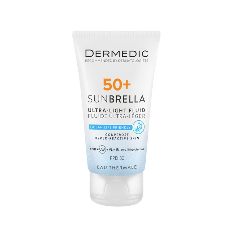 کرم ضد آفتاب بدون رنگ صورت درمدیک SPF 50 مدل DD محافظ در برابر اشعه UVB و UVA مناسب پوست های حساس حجم ۴۰ میلی لیتر