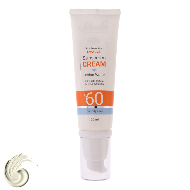 کرم ضد آفتاب بی‌رنگ صورت ثمین SPF 60 مدل Fusion Water ‌محافظ UVA ، UVB مناسب برای پوست چرب حجم 50 میلی لیتر