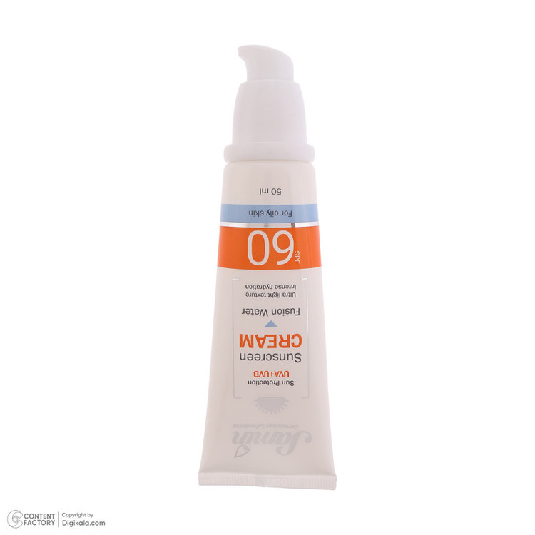 کرم ضد آفتاب بیرنگ صورت ثمین SPF 60 مدل Fusion Water محافظ UVA ، UVB مناسب برای پوست چرب حجم 50 میلی لیتر