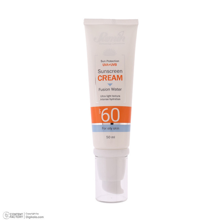 کرم ضد آفتاب بیرنگ صورت ثمین SPF 60 مدل Fusion Water محافظ UVA ، UVB مناسب برای پوست چرب حجم 50 میلی لیتر