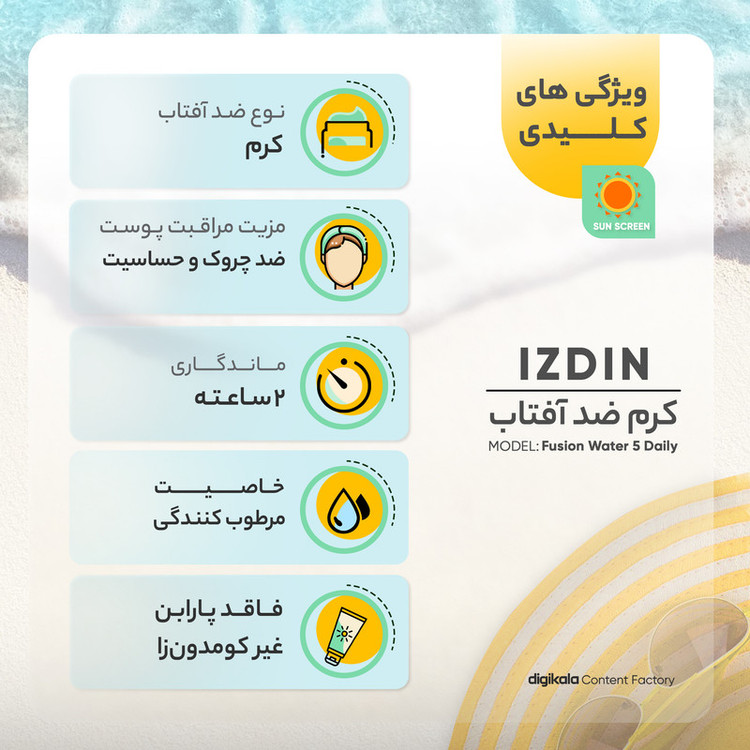 کرم ضدآفتاب بیرنگ ایزدین SPF50 مدل Fusion Water 5 Daily مناسب انواع پوست، حجم 50 میلیلیتر