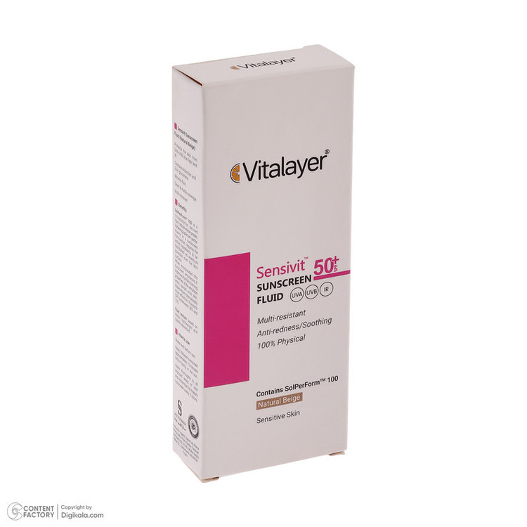 فلوئید ضد آفتاب رنگی ویتالیر spf50 مدل Sensivit محافظ UVA،UVB مناسب انواع پوست حجم 50 میلی لیتر
