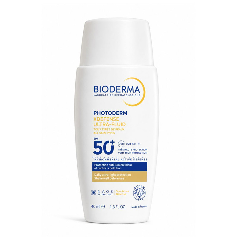 فلوئید ضد آفتاب بی‌رنگ دست، صورت بایودرما SPF 50 مدل Photoderm XDefense Ultra-Fluid ‌محافظ در برابر اشعه UVA و UVB مناسب برای انواع پوست حجم 40 میلی‌لیتر