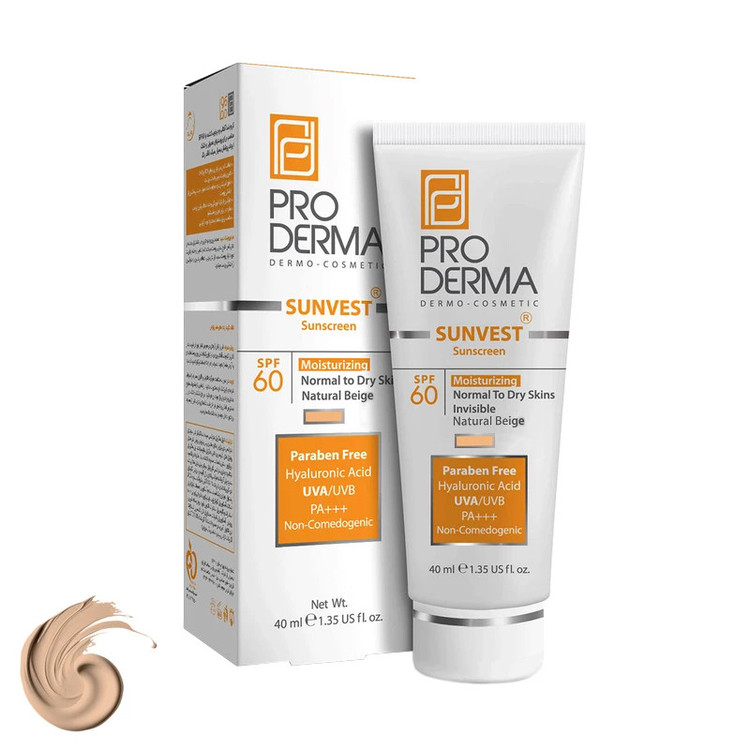 کرم ضد آفتاب رنگی پرودرما SPF60 مدل Sunvest مناسب پوست معمولی و خشک حجم 40 میلیلیتر