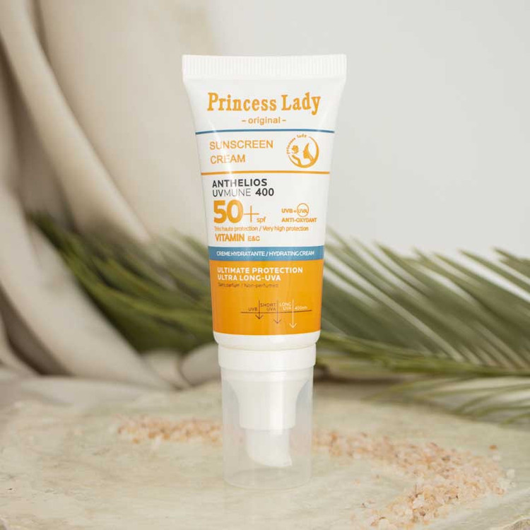 کرم ضد آفتاب بی رنگ صورت و گردن پرنسس لیدی SPF 50 مدل مینرال ویتامین C و E محافظت قوی UVA و UVB مناسب برای انواع پوست حجم ۵۵ میلی لیتر