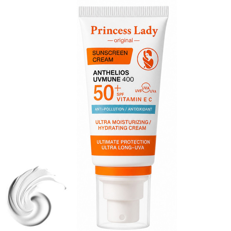 کرم ضد آفتاب بی رنگ صورت و گردن پرنسس لیدی SPF 50 مدل مینرال ویتامین C و E محافظت قوی UVA و UVB مناسب برای انواع پوست حجم ۵۵ میلی لیتر